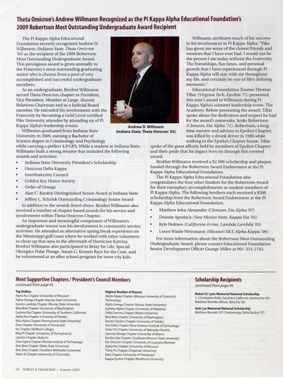 Theta Omicron's Andrew Willmann Recognized As the Pi Kappa Alpha Educational Foundation's 2009 Robertson Most Outstanding Undergraduate Award Recipient